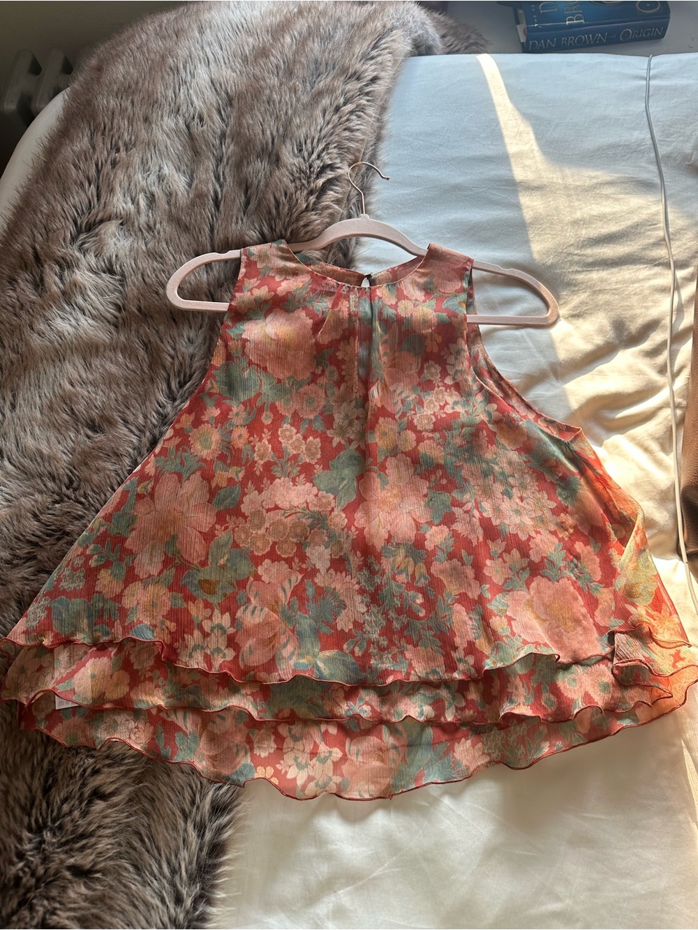 Mango Floral Layered Sleeveless Blouse - Coral Pink & Green